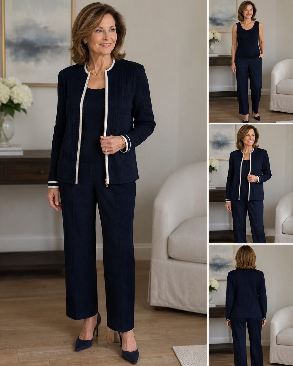 St John Collection Marie Gray 3 Pc Santana Knit Suit Navy USA 12 10 S Vtg